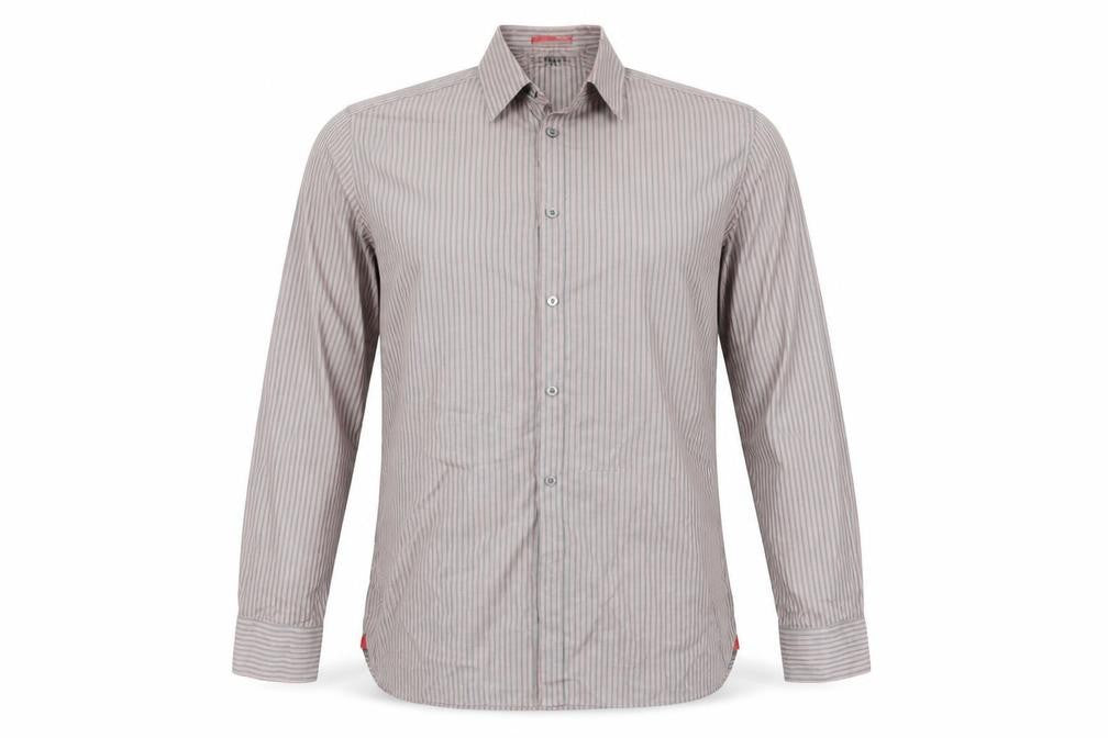 Front view of Marks & Spencer men’s grey striped button-up, size 42