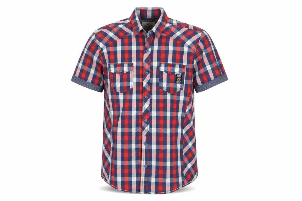 Front view of denim seventy men’s multicoloured check button-up, size L