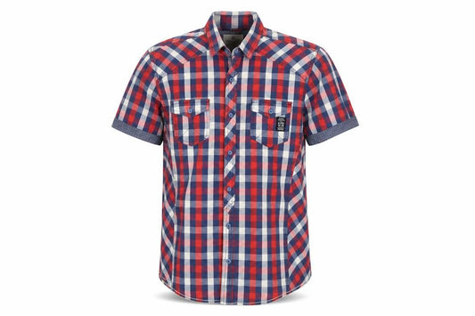Front view of denim seventy men’s multicoloured check button-up, size L