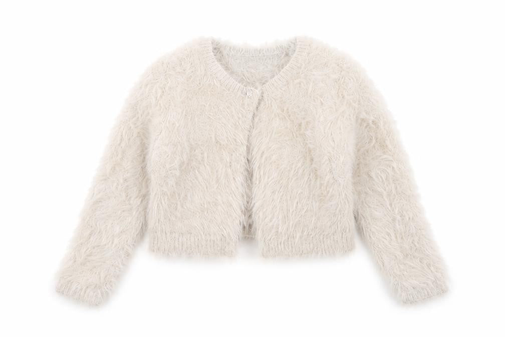 Front view of H&M girls’ beige cardigan jumper, size 2, years
