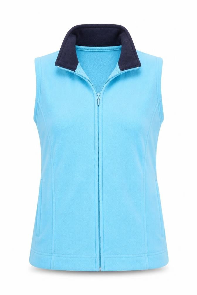 Front view of Isle women’s blue gilet coat, size M
