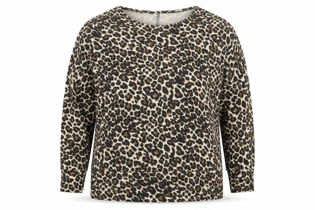 Front view of Dorothyt women’s beige animal print jumper, size UK 14