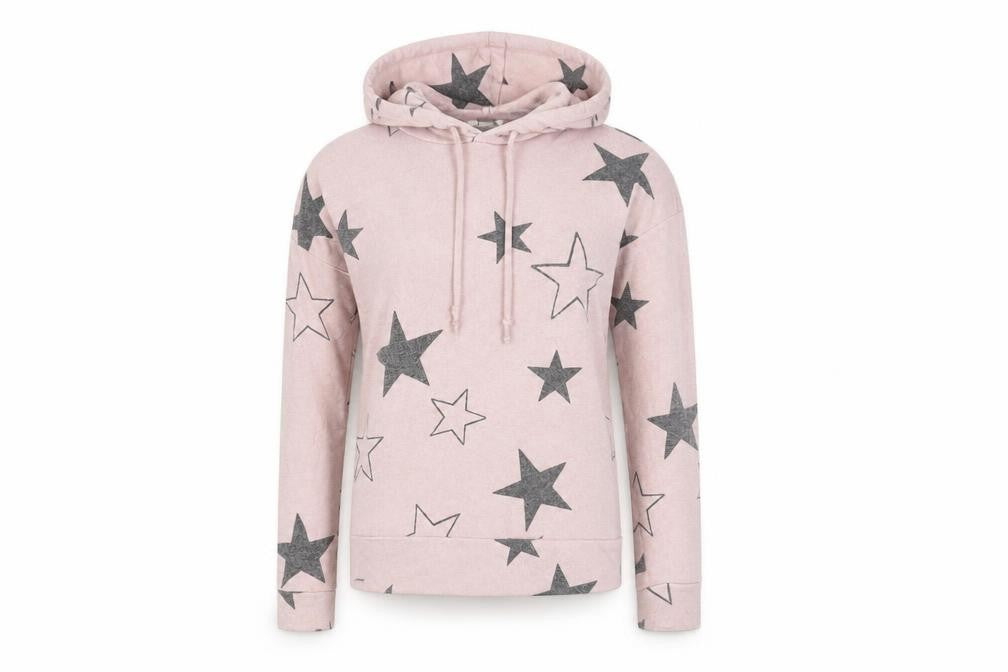Front view of Marks & Spencer women’s pink geometric pullover hoodie, size UK 10