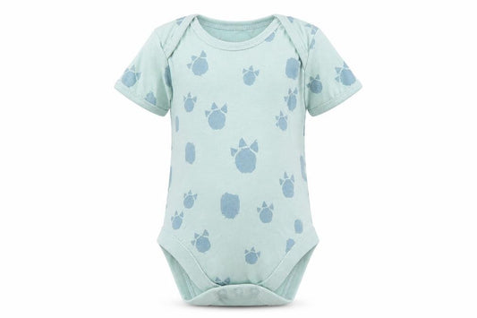 Front view of George Baby Blue Animal Print Babygrow One-Piece, size 3-6, Months - Dinosaur Print