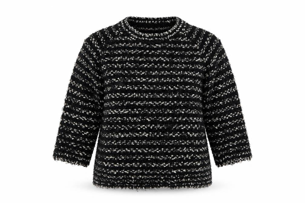 Front view of Arista women’s black striped knit jumper, size UK 16