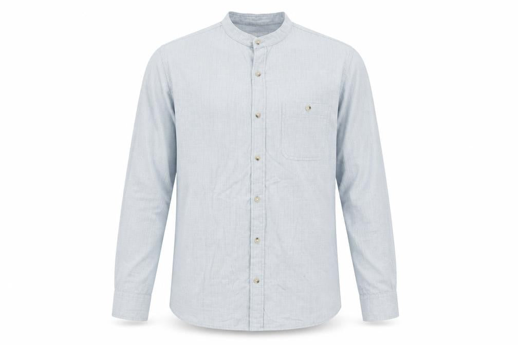 Front view of River Island men’s blue polka dot button-up, size M