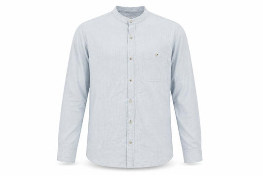 Front view of River Island men’s blue polka dot button-up, size M
