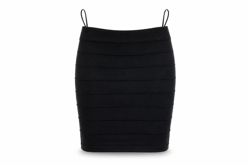 Front view of Lipsy women’s black mini skirt, size UK 6