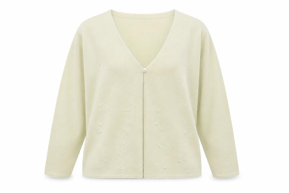 Front view of Preworn women’s beige cardigan jumper, size M