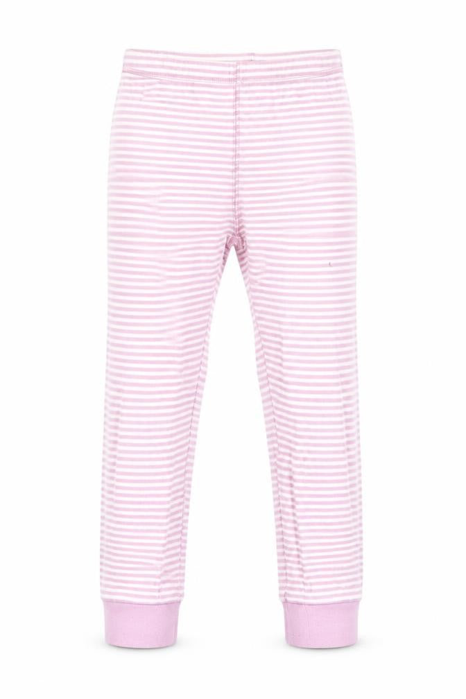Front view of Next girls’ pink striped pyjama pants, size 5-6, years