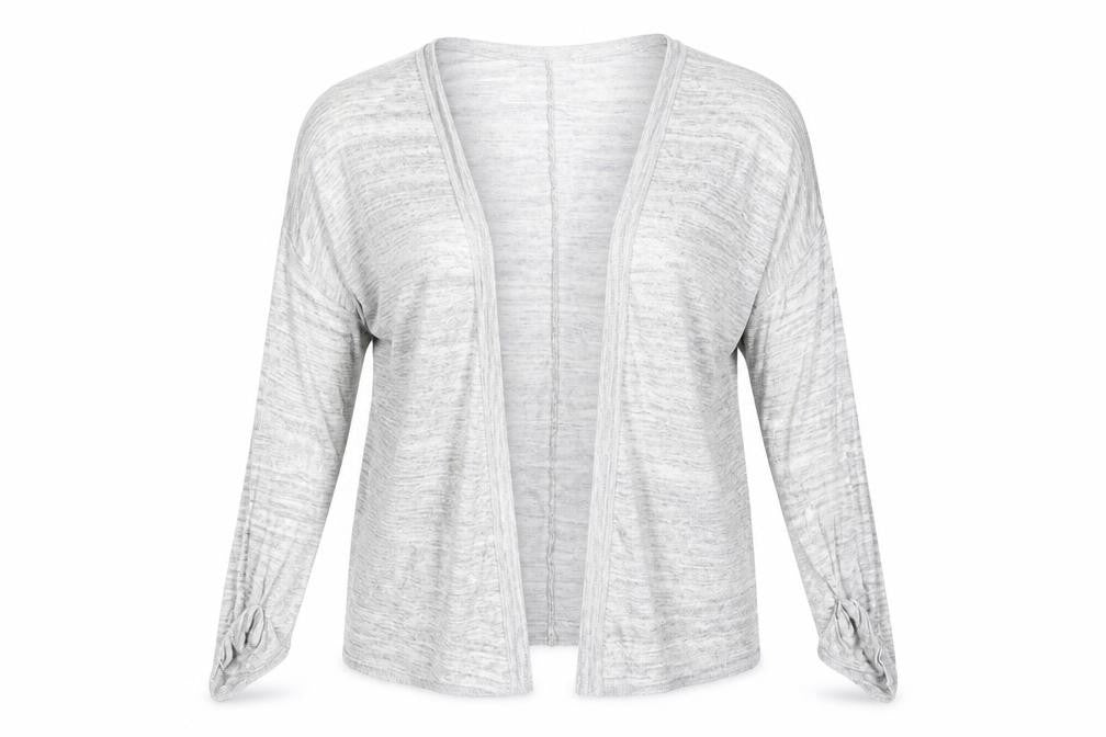Front view of H&M women’s grey cardigan jumper, size UK 12, - waterfall cardigan