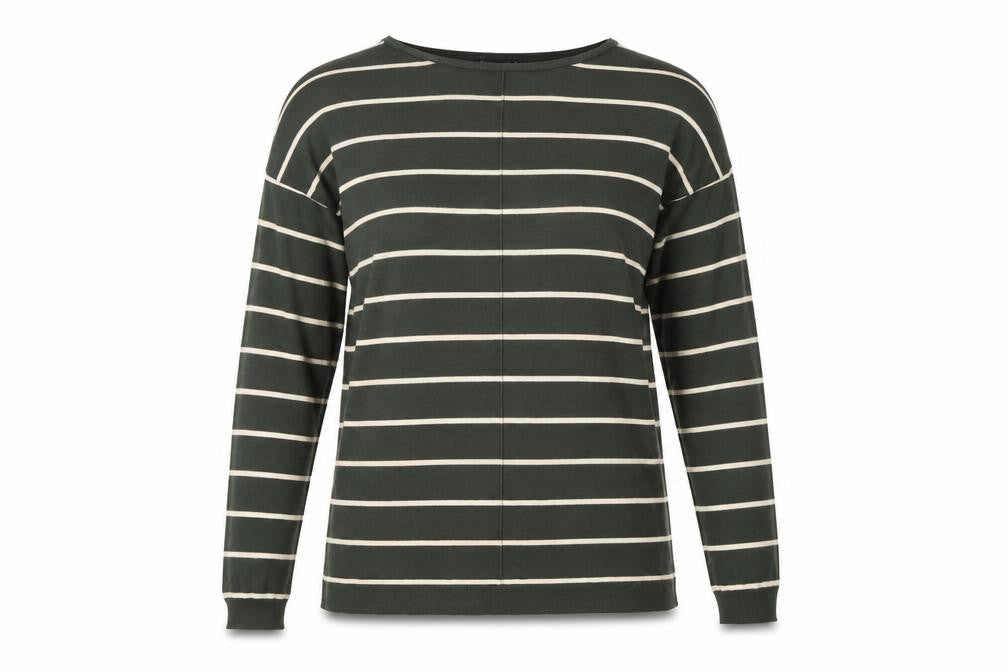 Front view of Atmosphere women’s green striped jumper, size UK 12