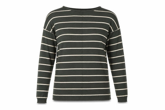 Front view of Atmosphere women’s green striped jumper, size UK 12