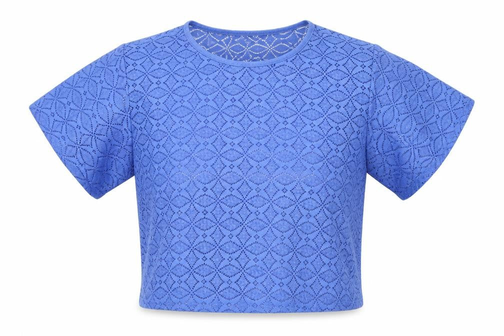 Front view of Primark women’s blue geometric cropped blouse, size UK 8