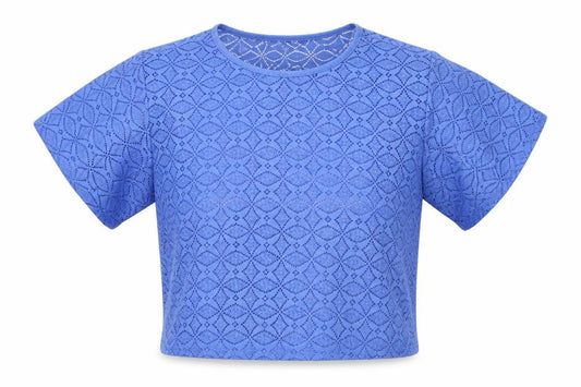 Front view of Primark women’s blue geometric cropped blouse, size UK 8