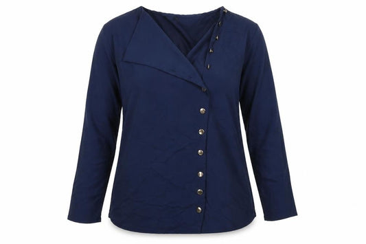 Front view of Preworn women’s blue basic button-up, size L