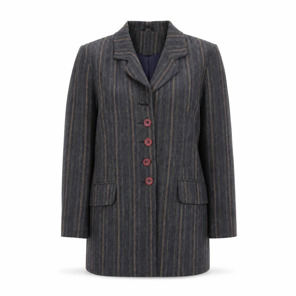 Front view of Etam women’s blue striped jacket blazer, size UK 12