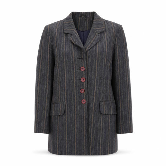 Front view of Etam women’s blue striped jacket blazer, size UK 12
