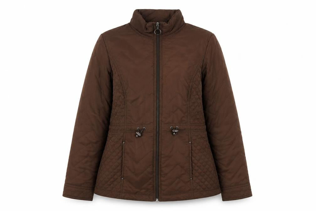 Front view of Isle women’s brown quilted coat, size UK 10