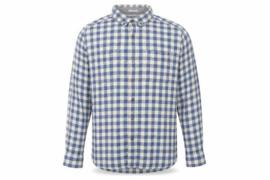 Front view of Boston Crew men’s blue plaid button-up, size M