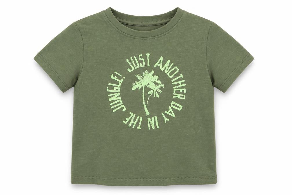 Front view of Primark boys’ green basic t-shirt, size 2-3, years - just another day in the jungle