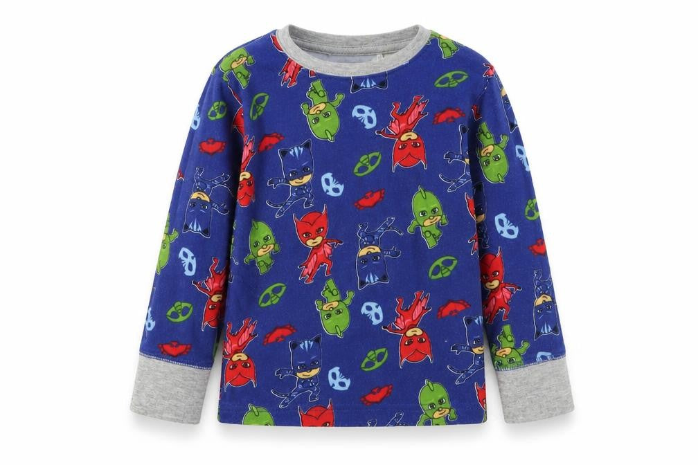 Front view of Next boys’ blue solid pyjama top, size 2-3, years - superheroes