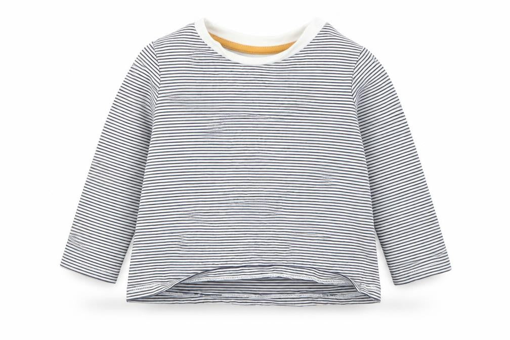 Front view of F&F boys’ blue striped basic t-shirt, size 12-18, months
