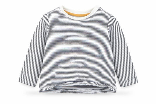 Front view of F&F boys’ blue striped basic t-shirt, size 12-18, months