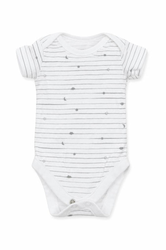 Front view of Nutmeg Baby White Striped Babygrow One-Piece Size Newborn - Stars Moon Clouds