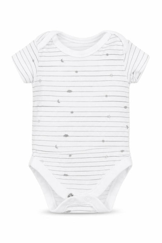 Front view of Nutmeg Baby White Striped Babygrow One-Piece Size Newborn - Stars Moon Clouds
