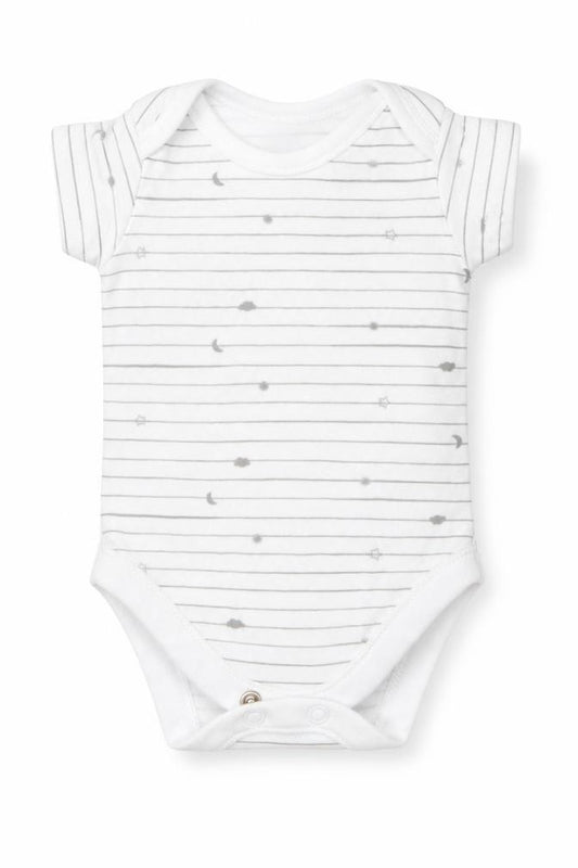 Front view of Nutmeg Baby White Striped Babygrow One-Piece Size Newborn - Stars Moon Clouds