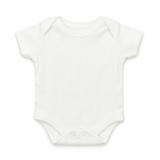 Front view of Nutmeg Baby White Striped Babygrow One-Piece Size Newborn
