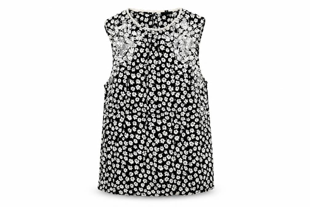 Front view of River Island women’s black floral basic tank, size UK 10