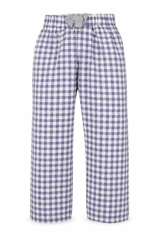 Front view of Next girls’ blue check capri pyjama pants, size 8, years