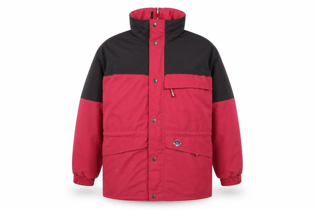 Front view of Far Ridge men’s red jacket coat, size L