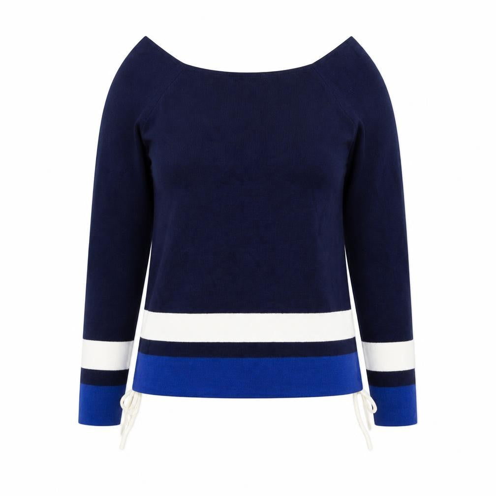 Front view of George women’s blue striped jumper, size UK 14