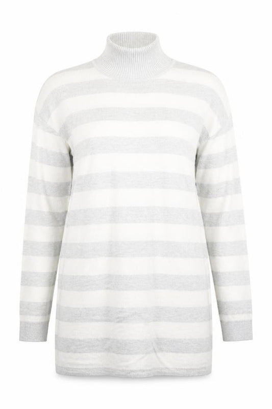 Front view of Primark women’s grey striped jumper, size UK 12