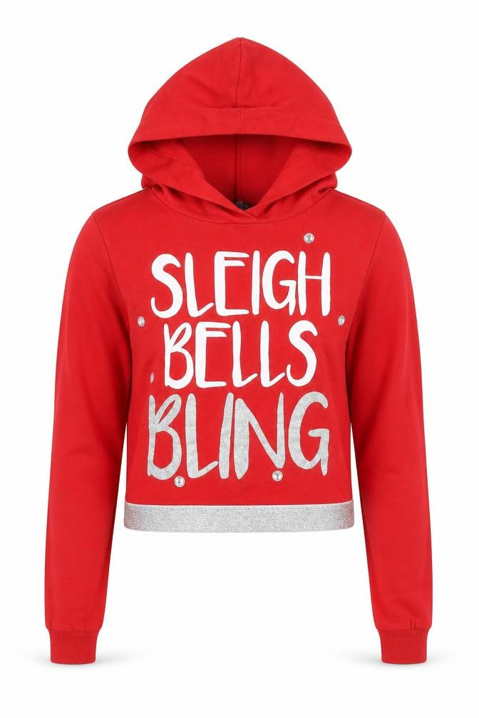 Front view of Select women’s red pullover hoodie, size UK 6, - christmas