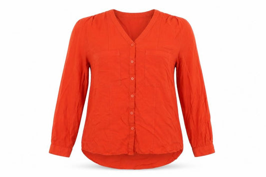 Front view of Peacocks women’s red basic button-up, size UK 14