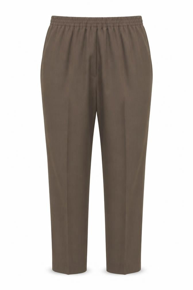 Front view of Preworn women’s brown trousers, size UK 14, 27-inch leg