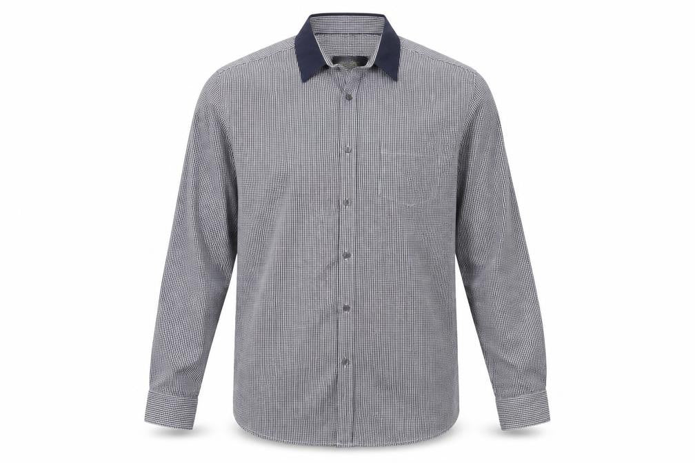 Front view of Retro Fire men’s blue check button-up, size XL