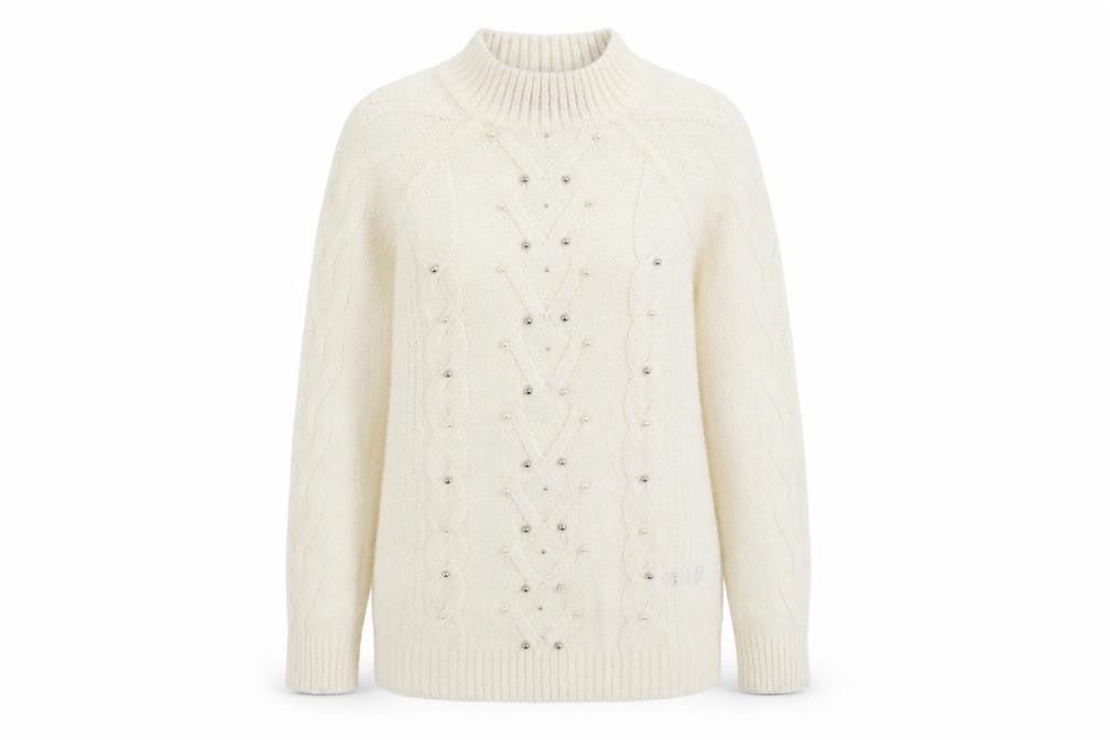 Front view of Together women’s ivory knit jumper, size UK 8, - beaded