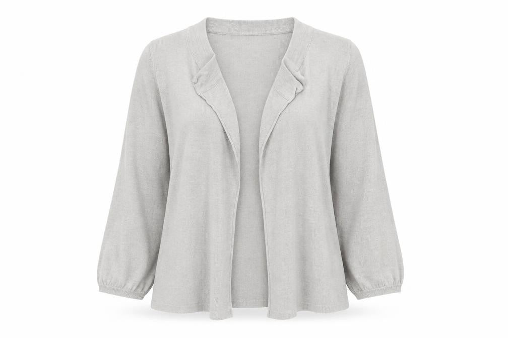 Front view of Primark women’s grey knit cardigan jumper, size UK 8