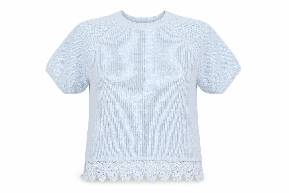 Front view of F&F women’s blue knit jumper, size UK 12, - crochet hem