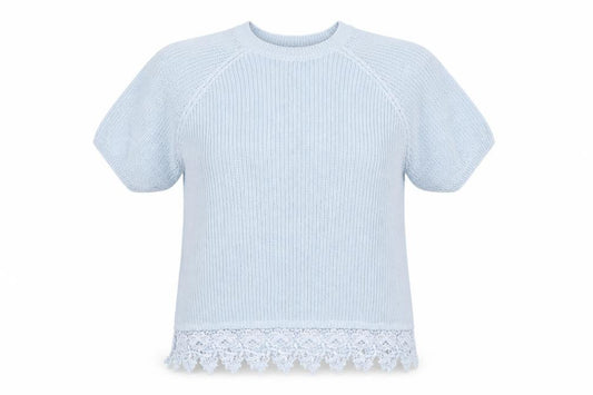 Front view of F&F women’s blue knit jumper, size UK 12, - crochet hem