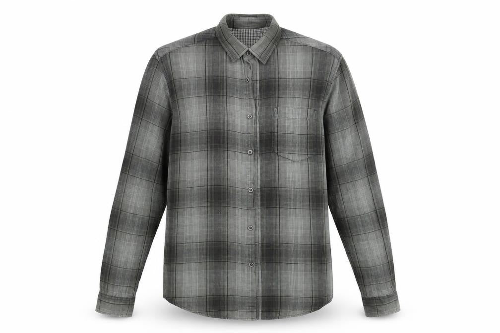 Front view of Preworn men’s green check button-up, size M