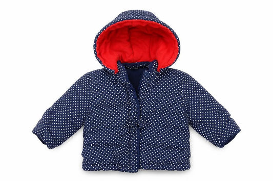 Front view of Jack & Lily girls’ blue polka dot jacket, size 6-9, months
