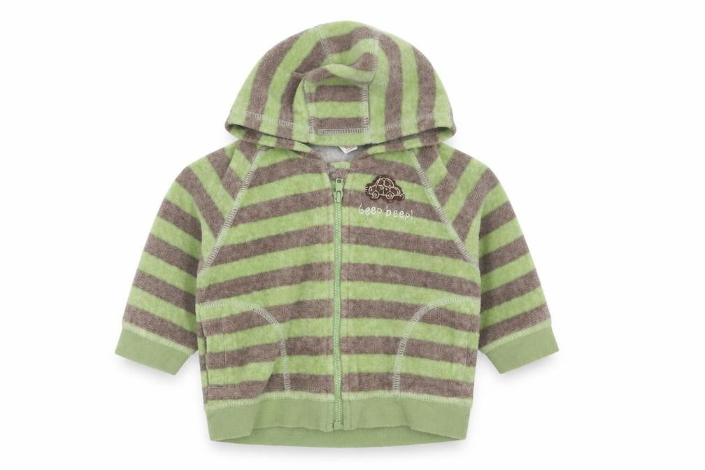 Front view of Next boys’ green striped full zip jumper, size 0-3, months - newborn