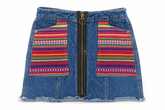 Front view of Very girls’ blue striped denim a-line skirt, size 6, years