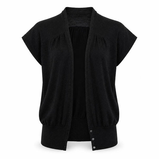 Front view of Warehouse women’s black mesh cardigan jumper, size UK 14